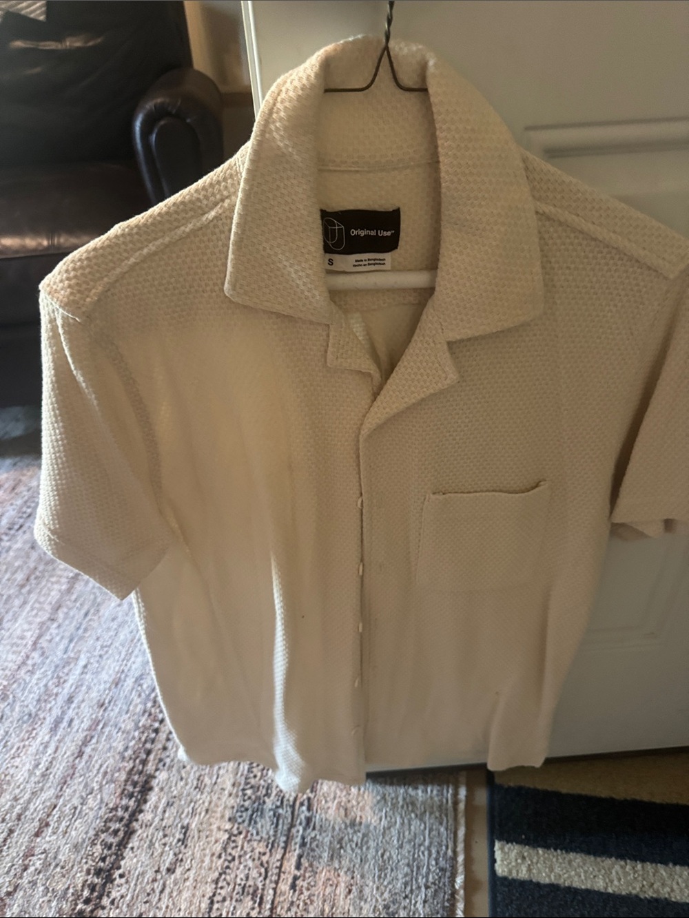 Original Use Cream Waffle-Knit Short Sleeve Button Shirt